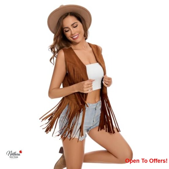 Faux Suede Fringe Vest Sleeveless Tassel Waistcoat Hippie Western - Picture 3 of 7